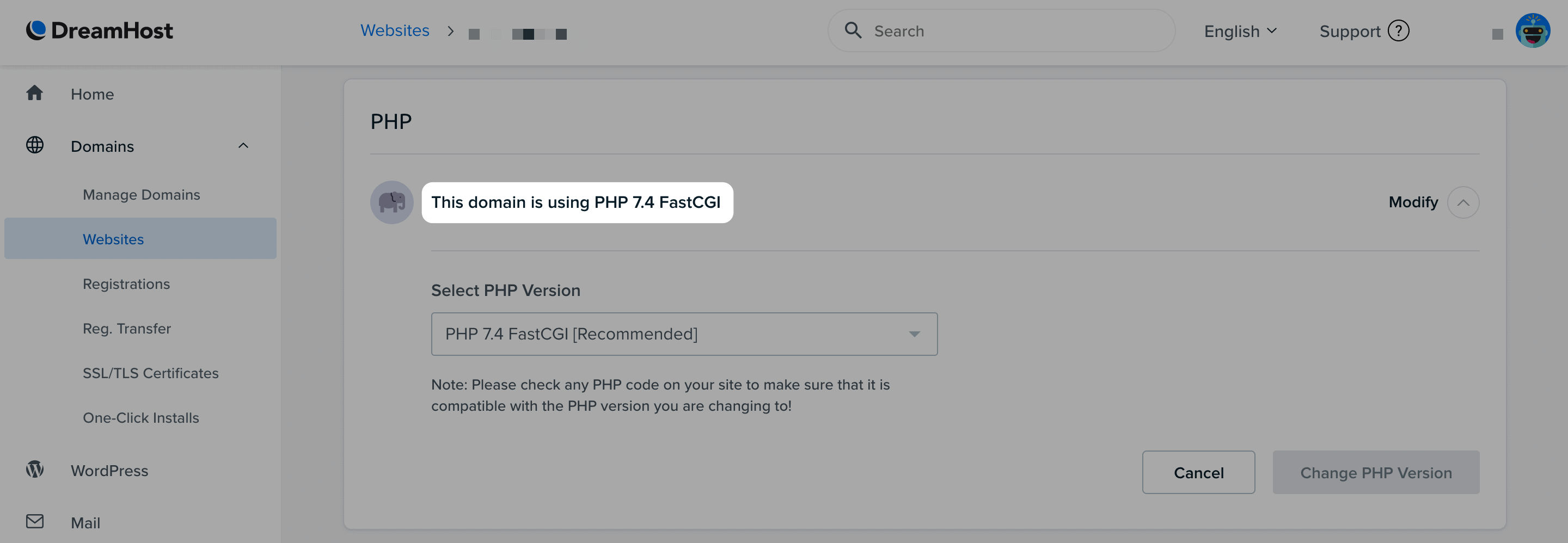 The current PHP version in DreamHost.