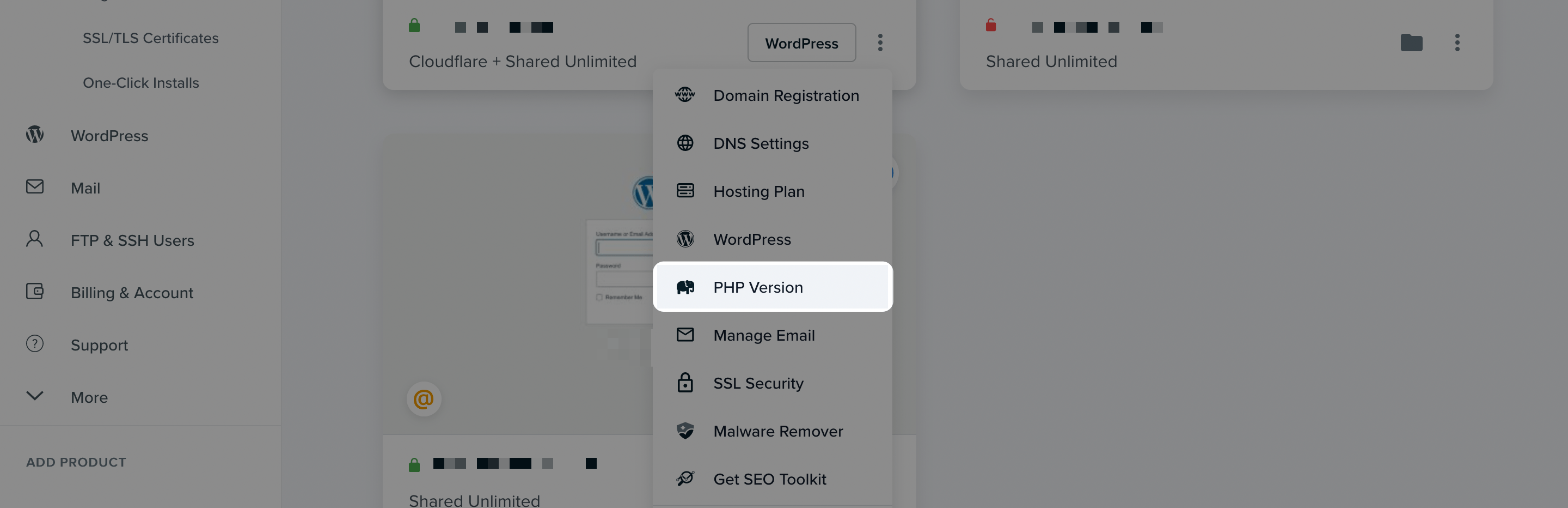 The PHP Version option within DreamHost.