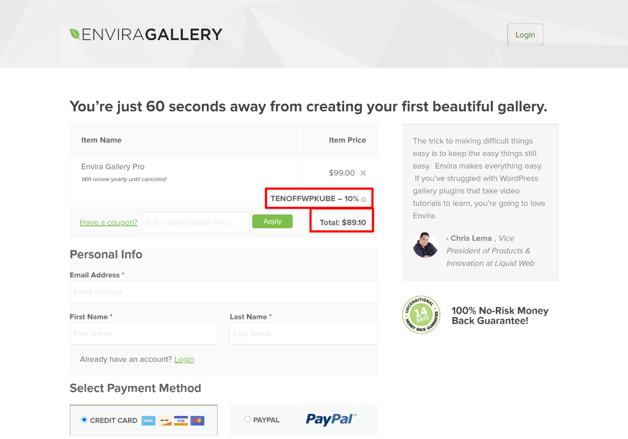 Envira gallery coupon code applied