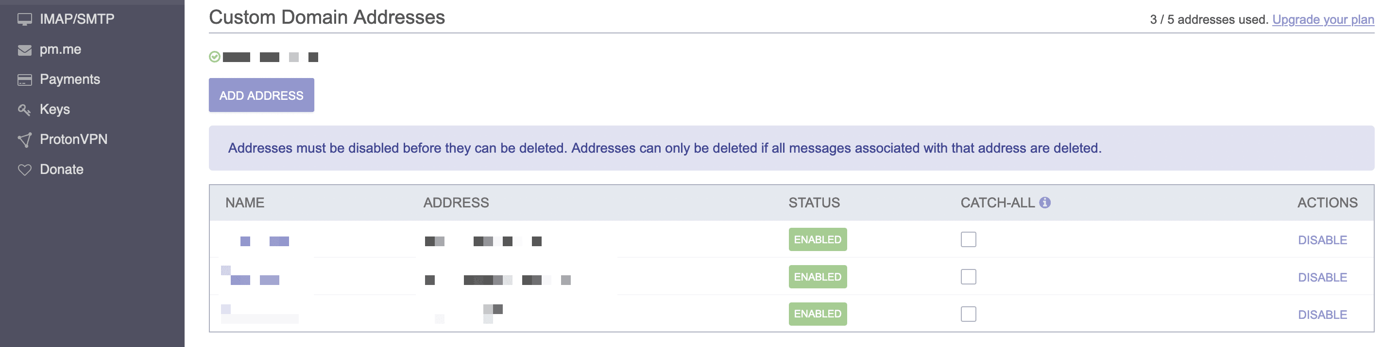 Protonmail's Custom Domain Addresses screen.