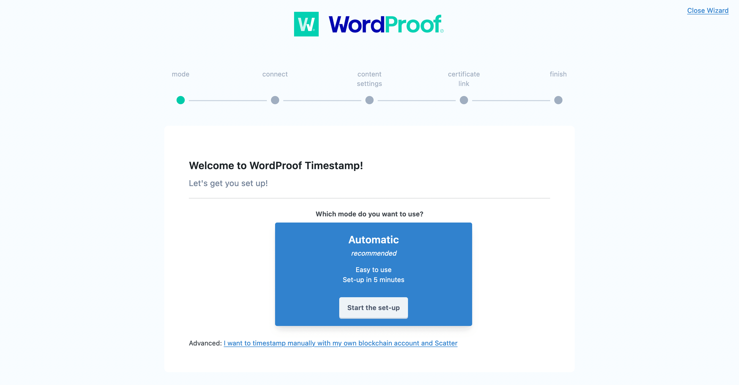 The WordProof setup wizard.