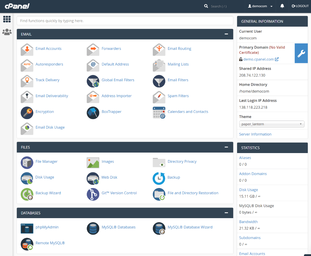 cPanel dashboard