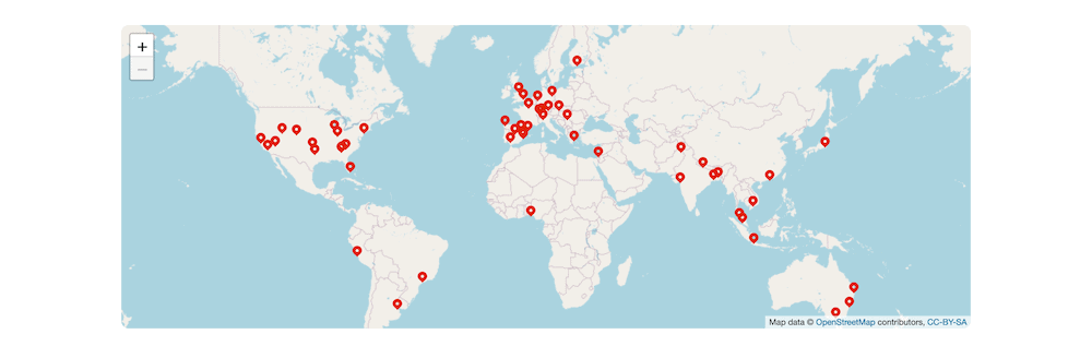 A map showing locations of Elementor meetups.