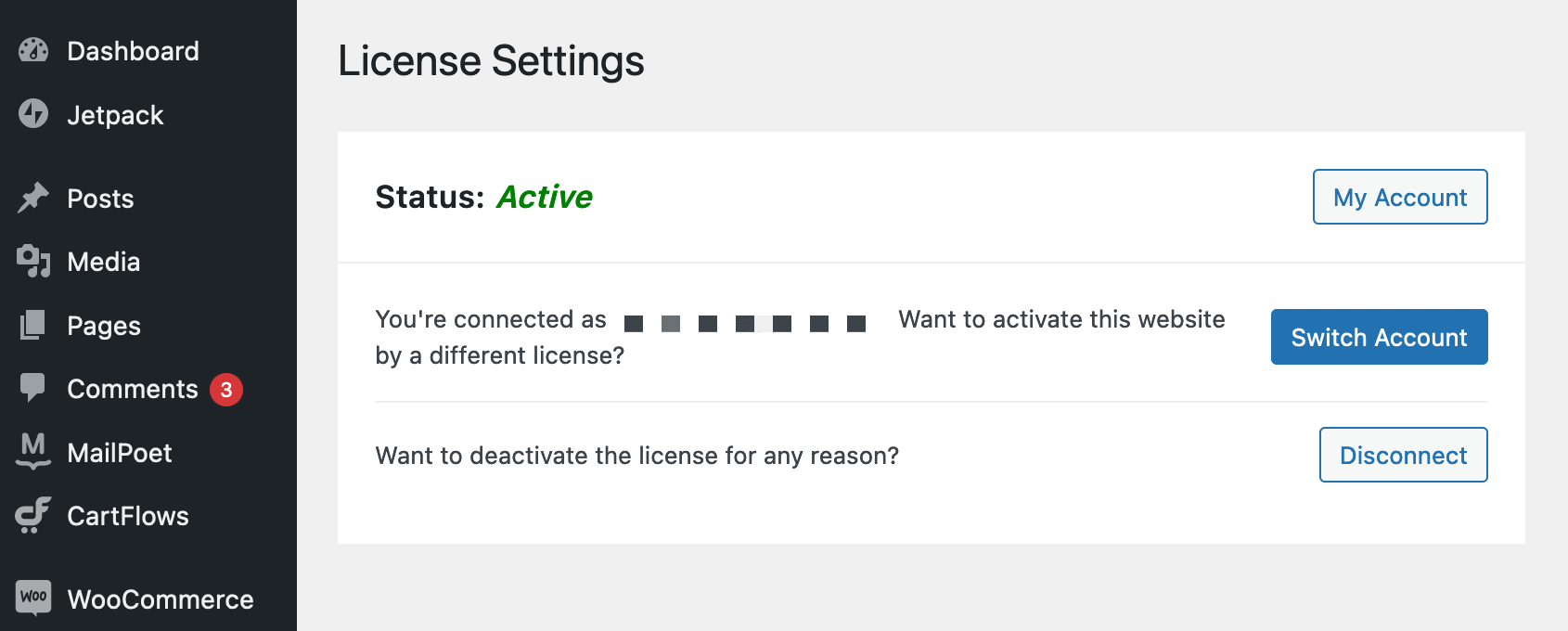 Elementor's license settings.