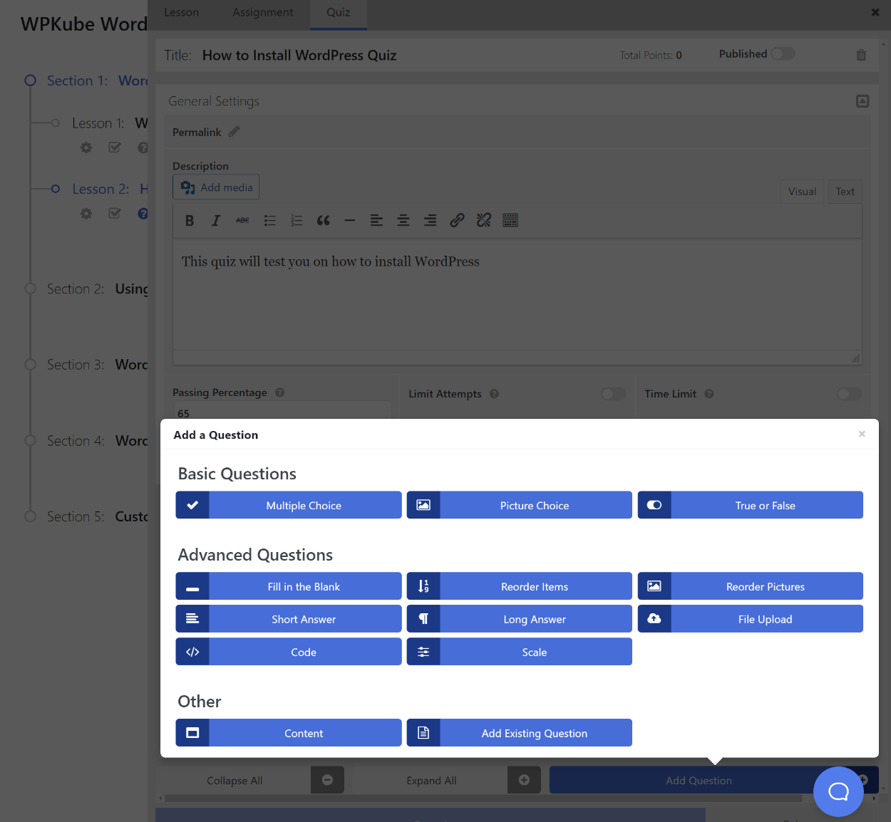 Adding quiz questions