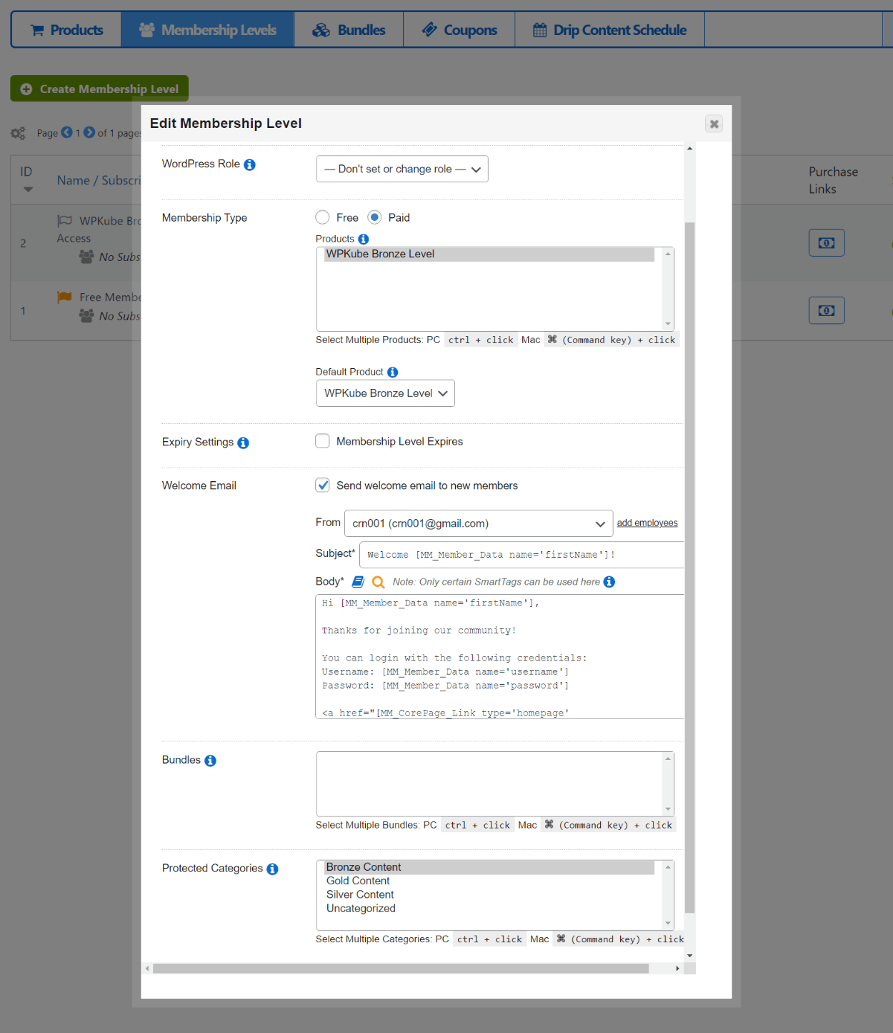 Creating a membership level