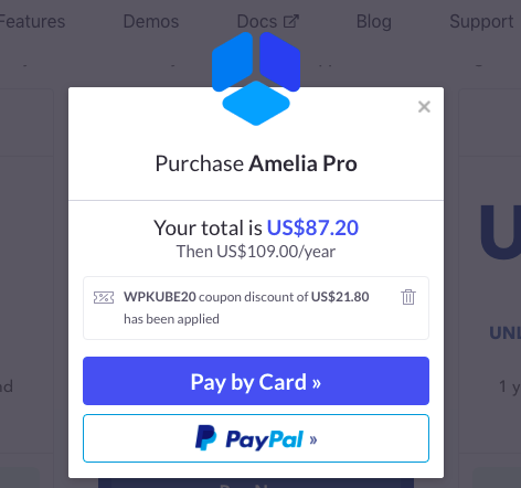 Amelia booking plugin coupon code applied