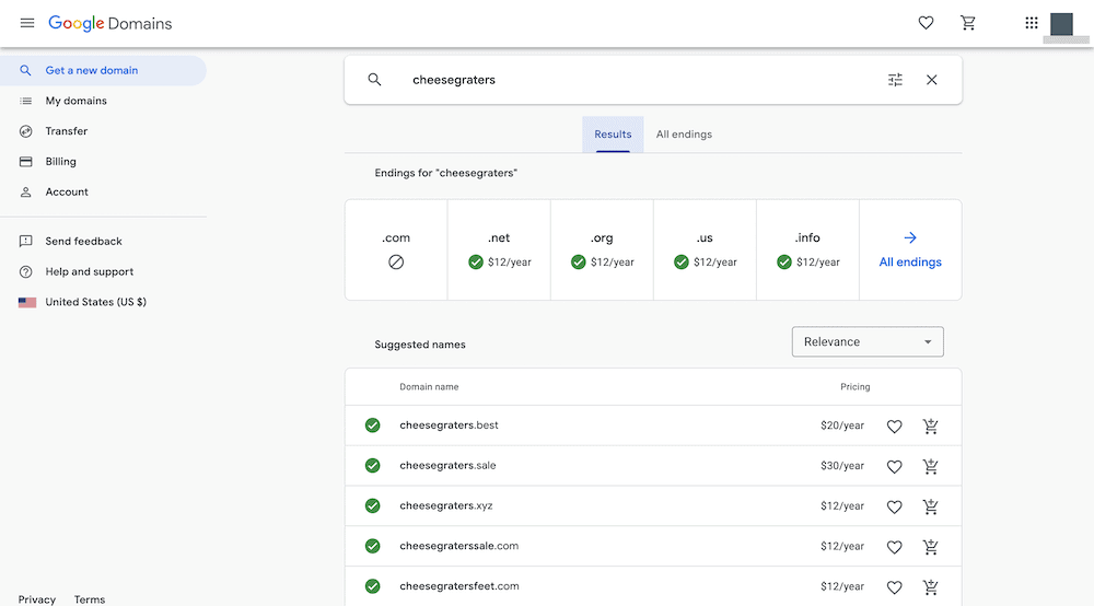 The Google Domains search list.