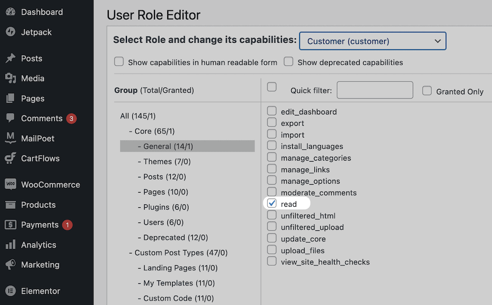 The Customer capabilities list.