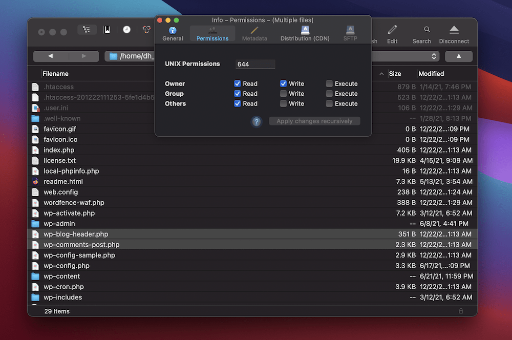 Changing the file permissions through SFTP.