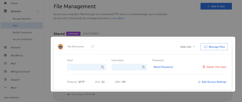 The SFTP settings within a web host.