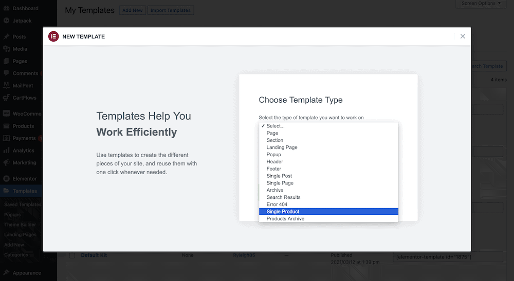 Creating a new template in Elementor.