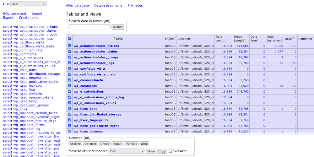 Selecting all tables in Adminer.