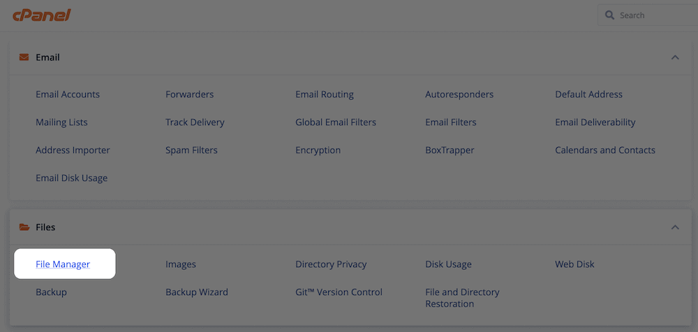 The FIle Manager link within cPanel.