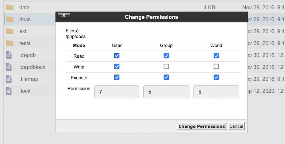 Changing permissions within cPanel.