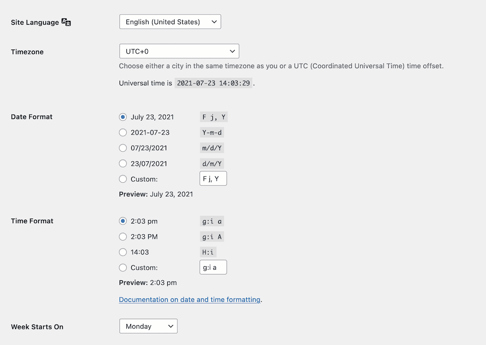 Setting the date and time format.