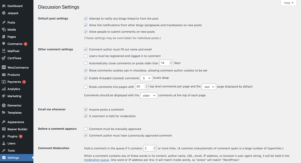 The Discussion settings screen.