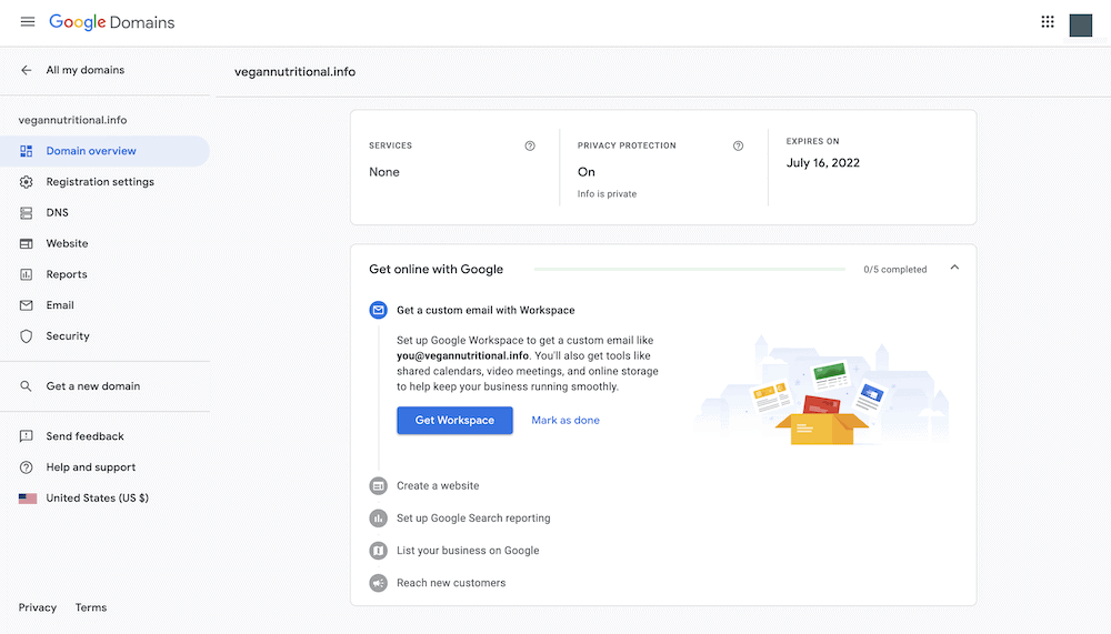 The Domain overview page.