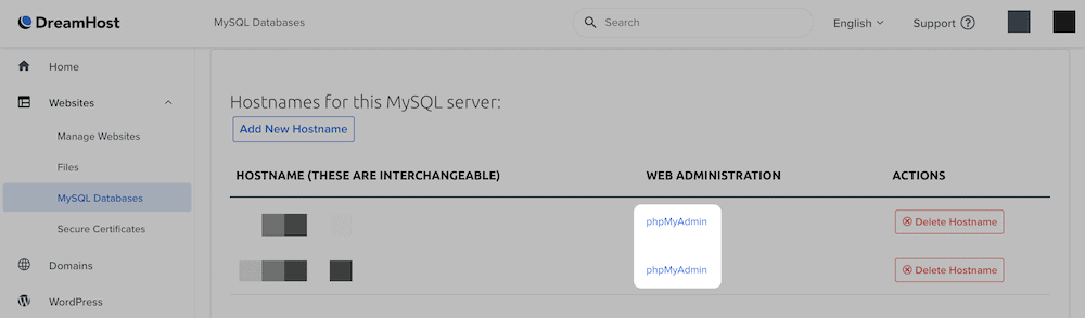 The phpMyAdmin option with a hosting control panel.