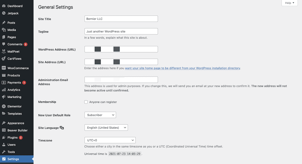 The General Settings screen.