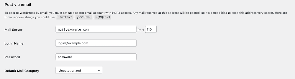 The Post via email settings.