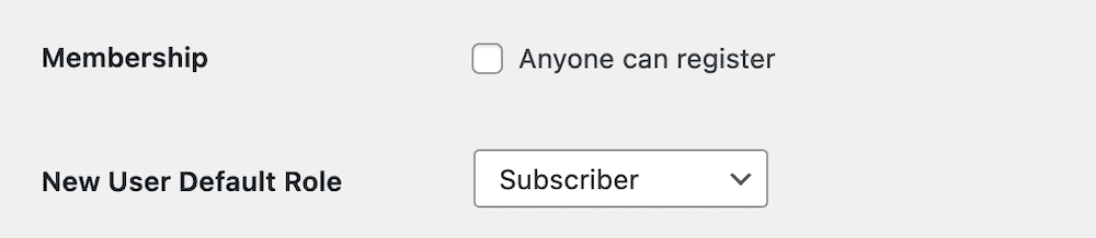 The Membership and New User Role settings.