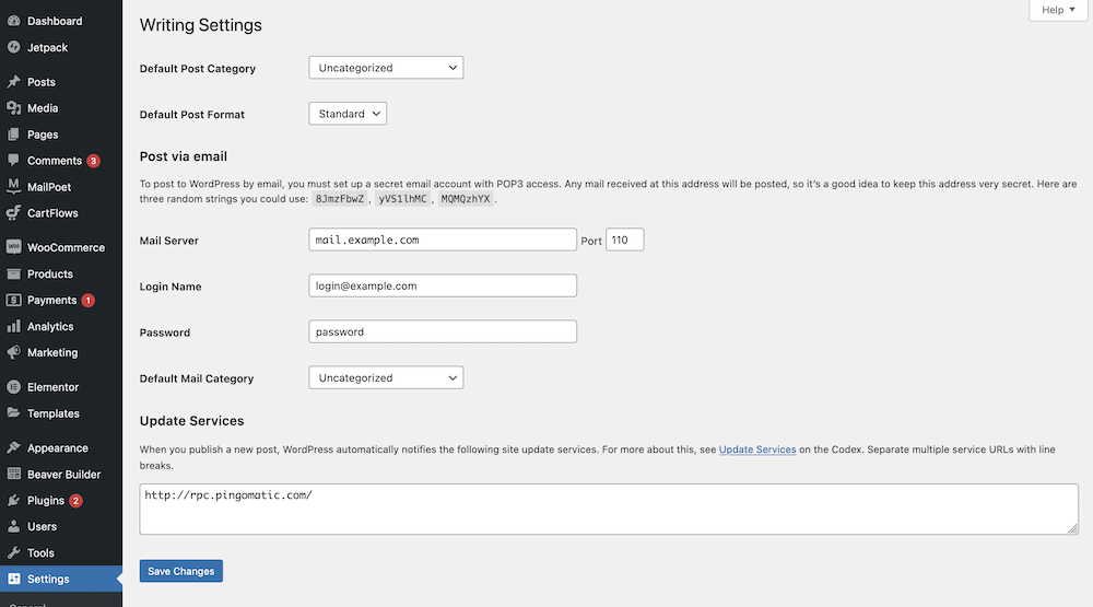 The Writing Settings screen.