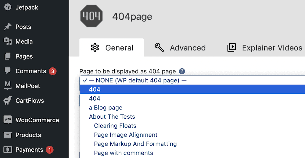 Memilih halaman 404 di halaman 404.