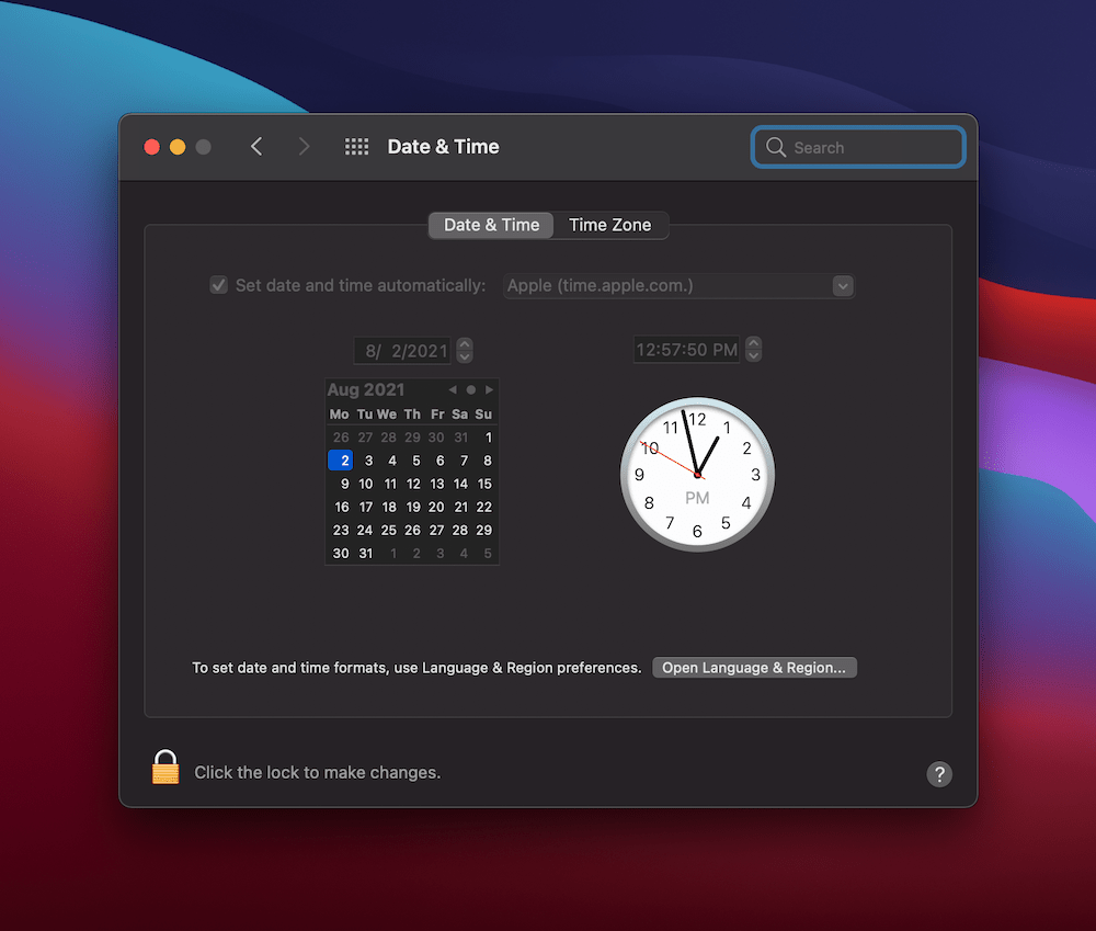 Pengaturan Tanggal & Waktu di macOS.