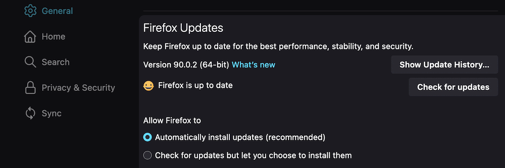 The Firefox Updates screen.