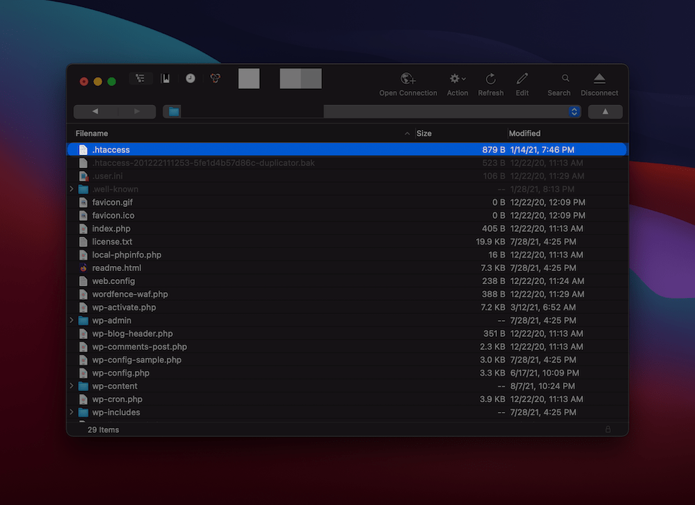 The .htaccess file within Cyberduck.