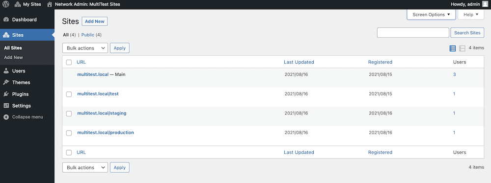 The Network Admin screen.