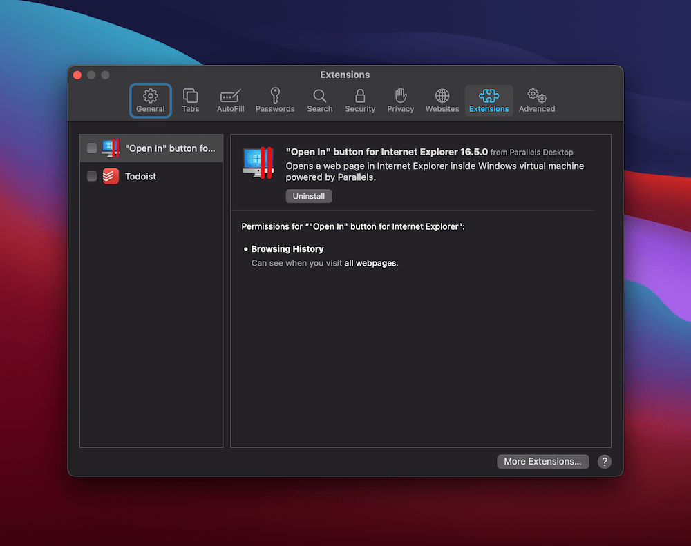 The Safari Extensions screen.