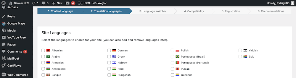 Choosing translation languages.