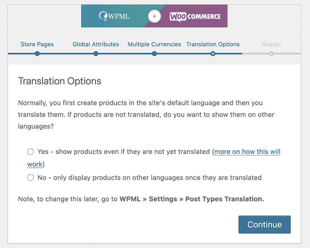 The Translation Options step.