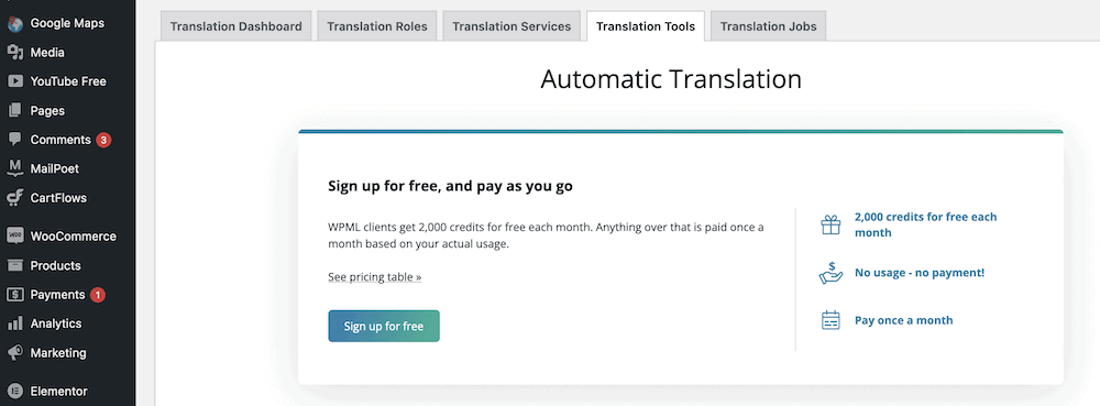 The Translation Tools page.