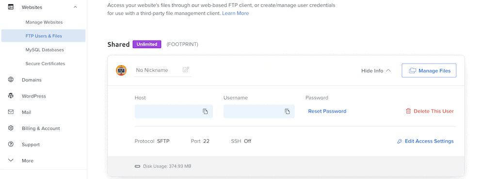 The SFTP screen within DreamHost.