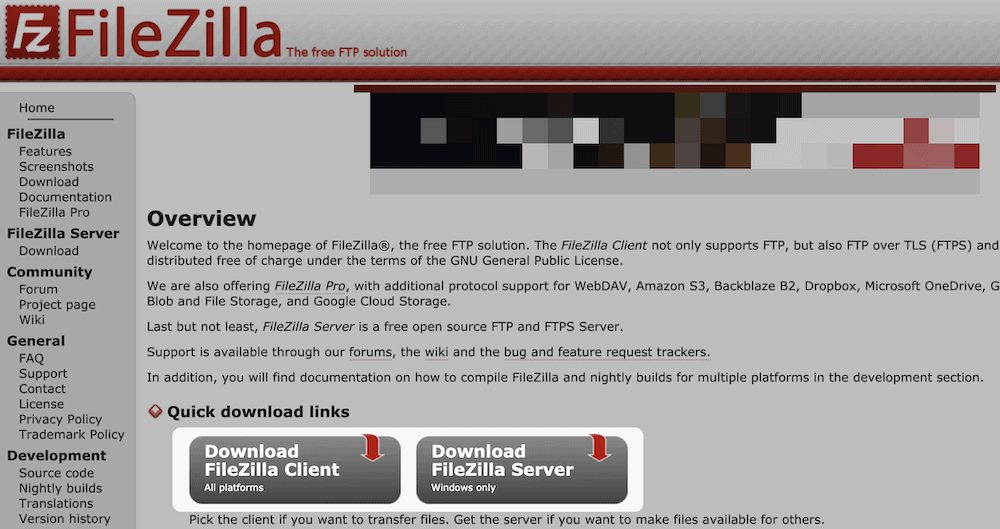 The FileZilla home page.