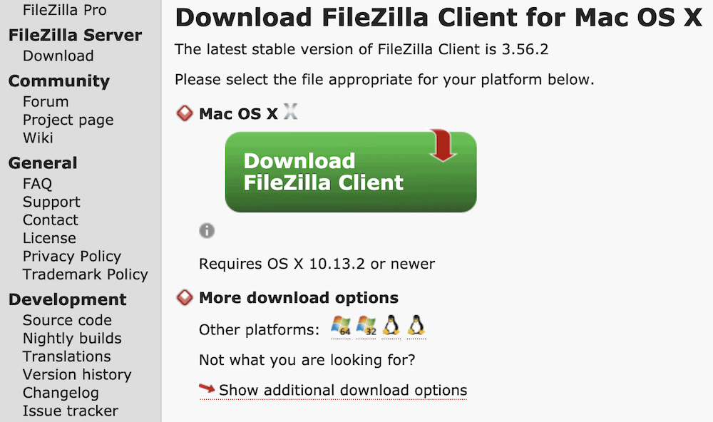 Choosing a FileZilla version.