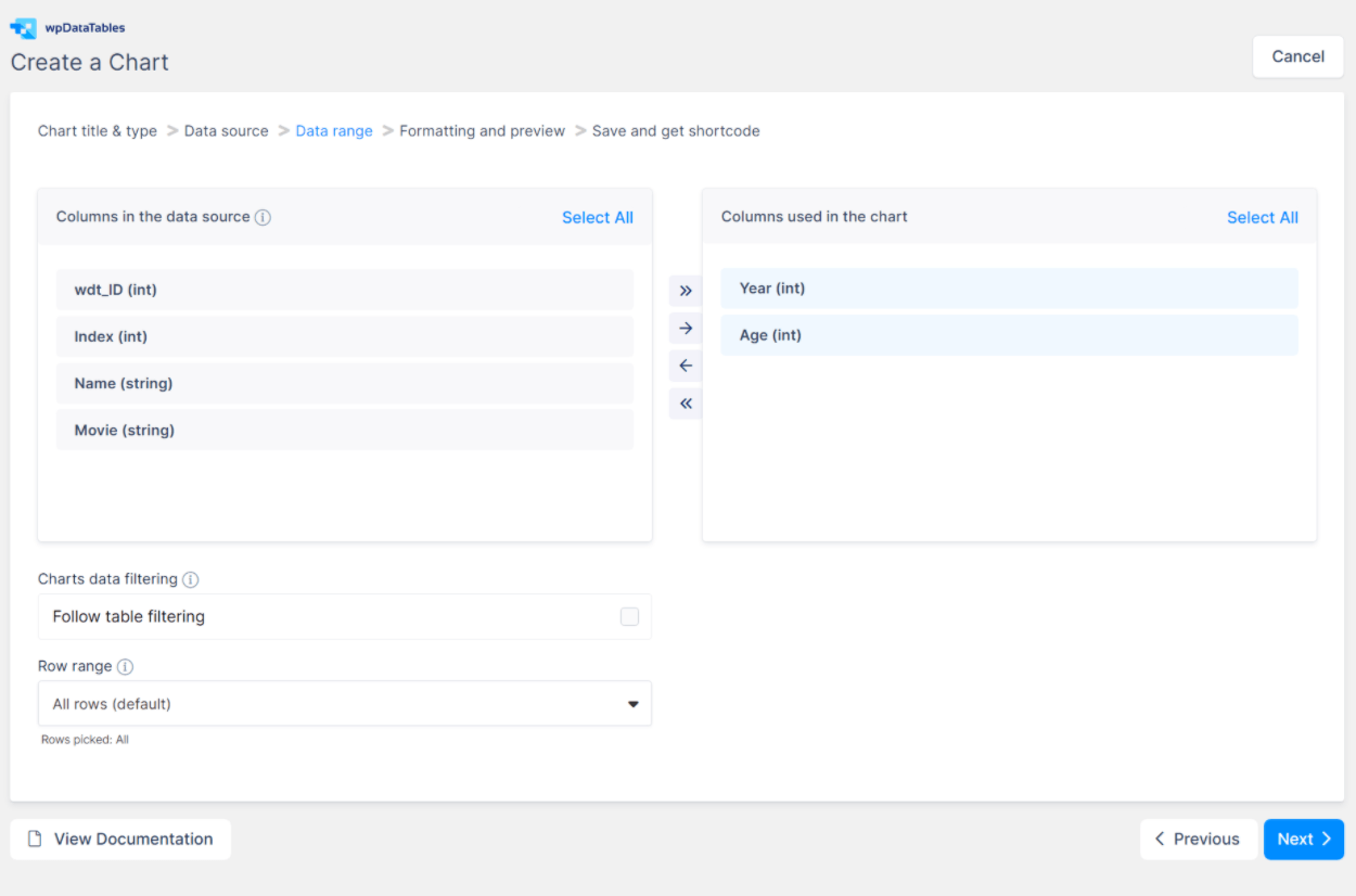 Choosing columns for chart