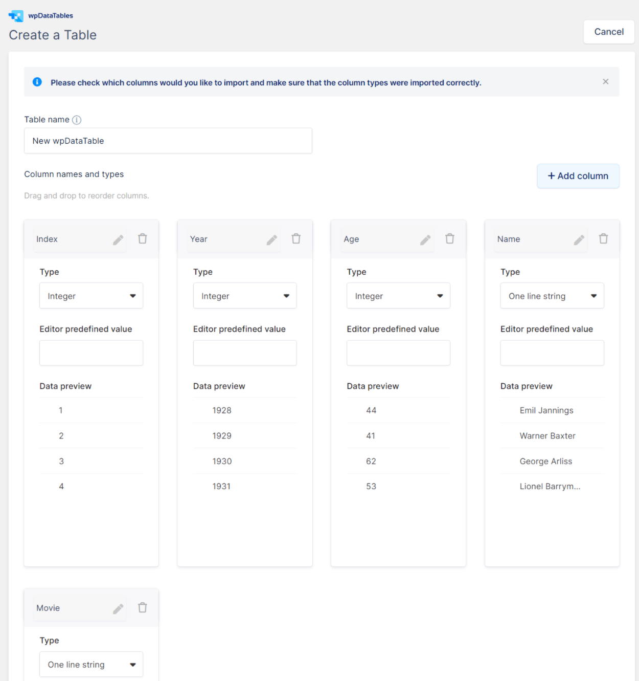 Configuring table columns in wpDataTables