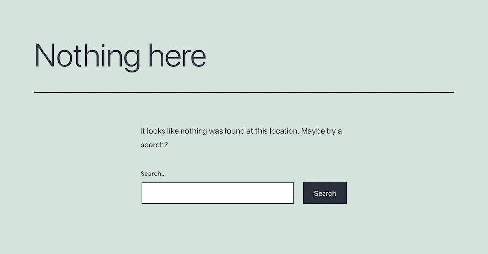 A WordPress 404 page containing a search bar.