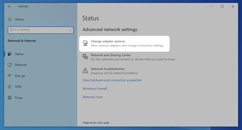 Choosing the Change Adapter Options settings within Windows' Advanced Network Options.