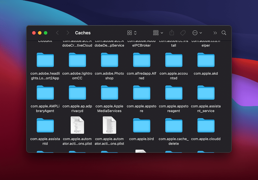 Folder Cache terbuka, dengan file di dalamnya.