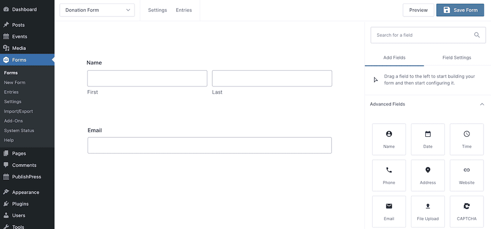 Adding donation form fields.