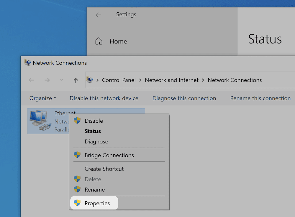 Selecting the Properties link for a network connection.