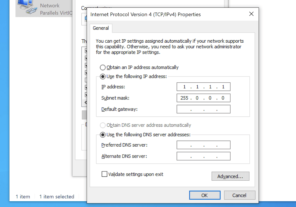 Entering an IP address into the TCP/IPv4 properties screen.