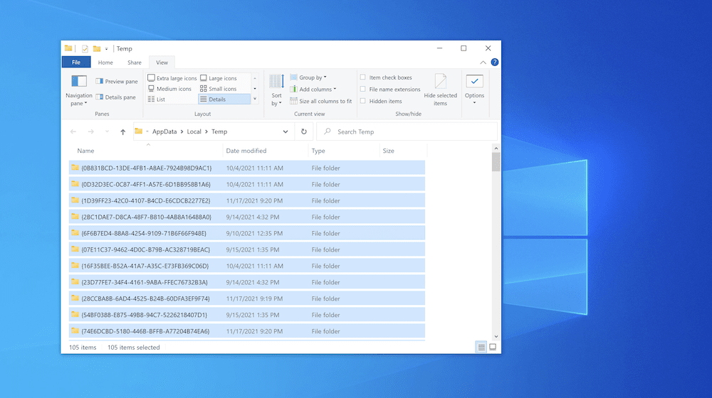 Folder Windows Temp dengan semua file yang dipilih.