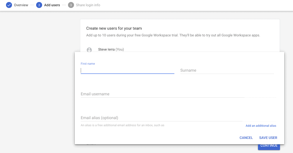 Adding a new user in Google Workspace.