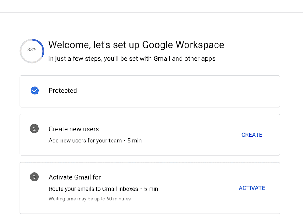 The Setup Wizard for Google Workspace, 33 percent complete.